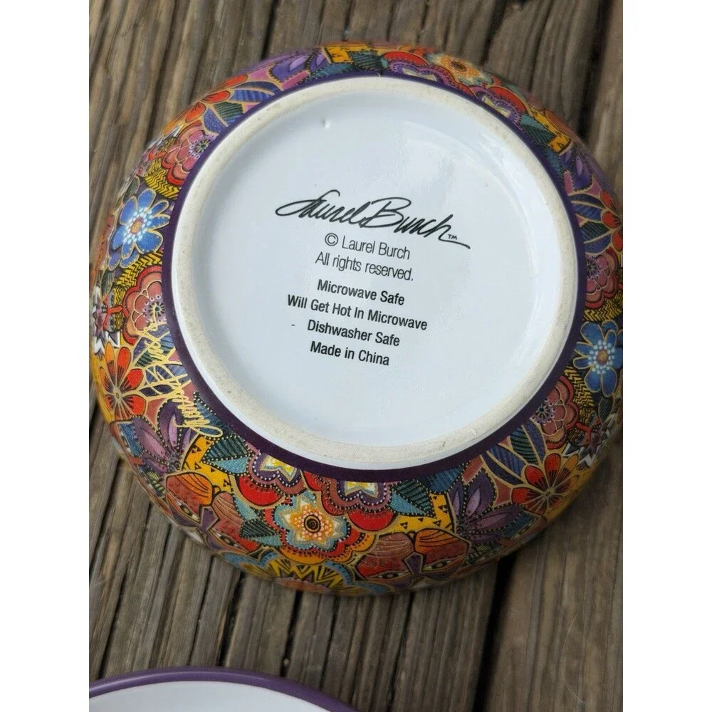 Laurel Burch Cat Floral Ceramic Plate & Bowl Set of 2 Purple 6”